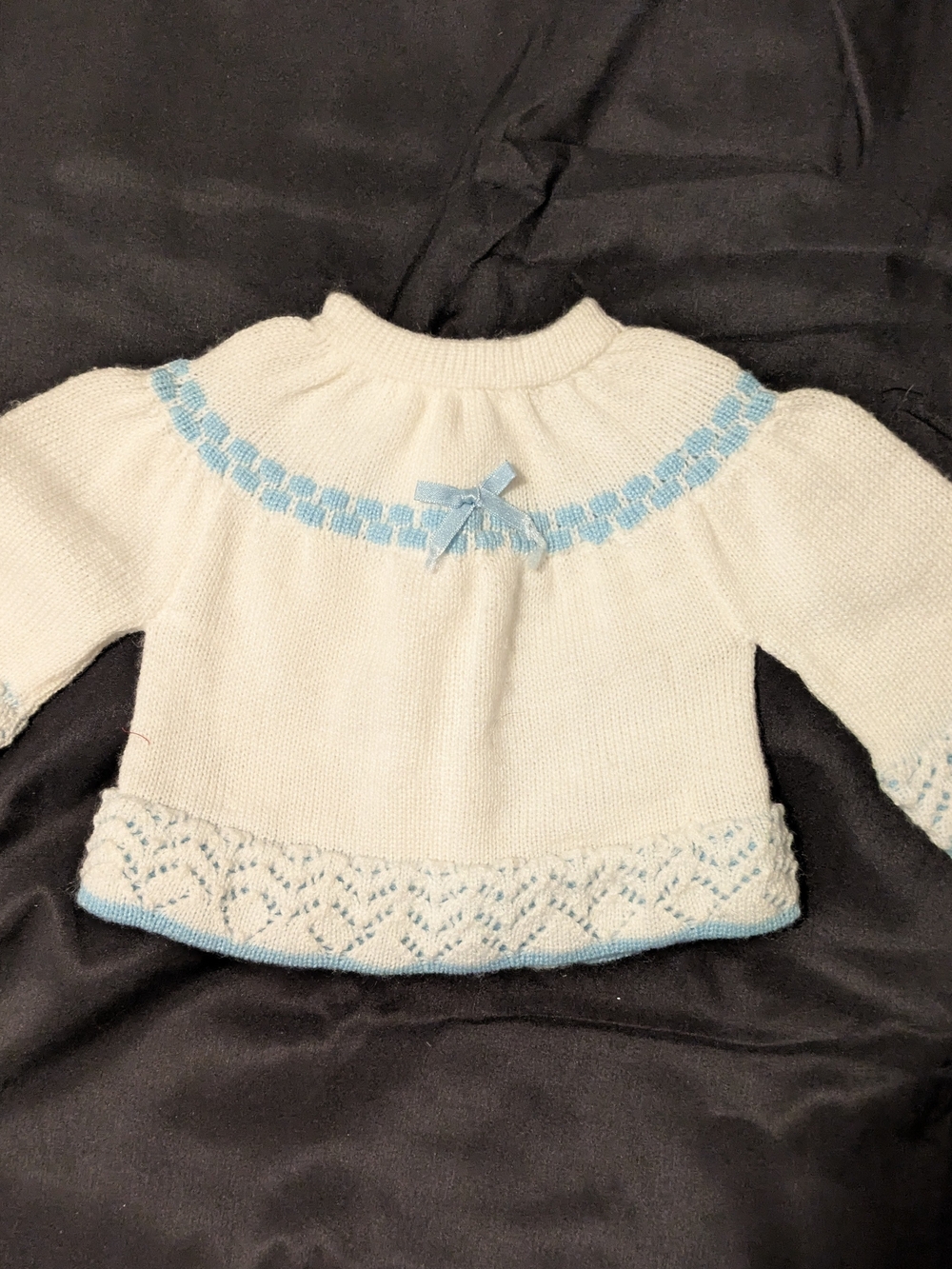 Cream Baby Sweater with Light Blue Trim and Bow- Vintage Hand Knit